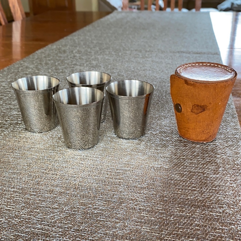 Vintage Metal Shot Glasses in Leather Rupp Case